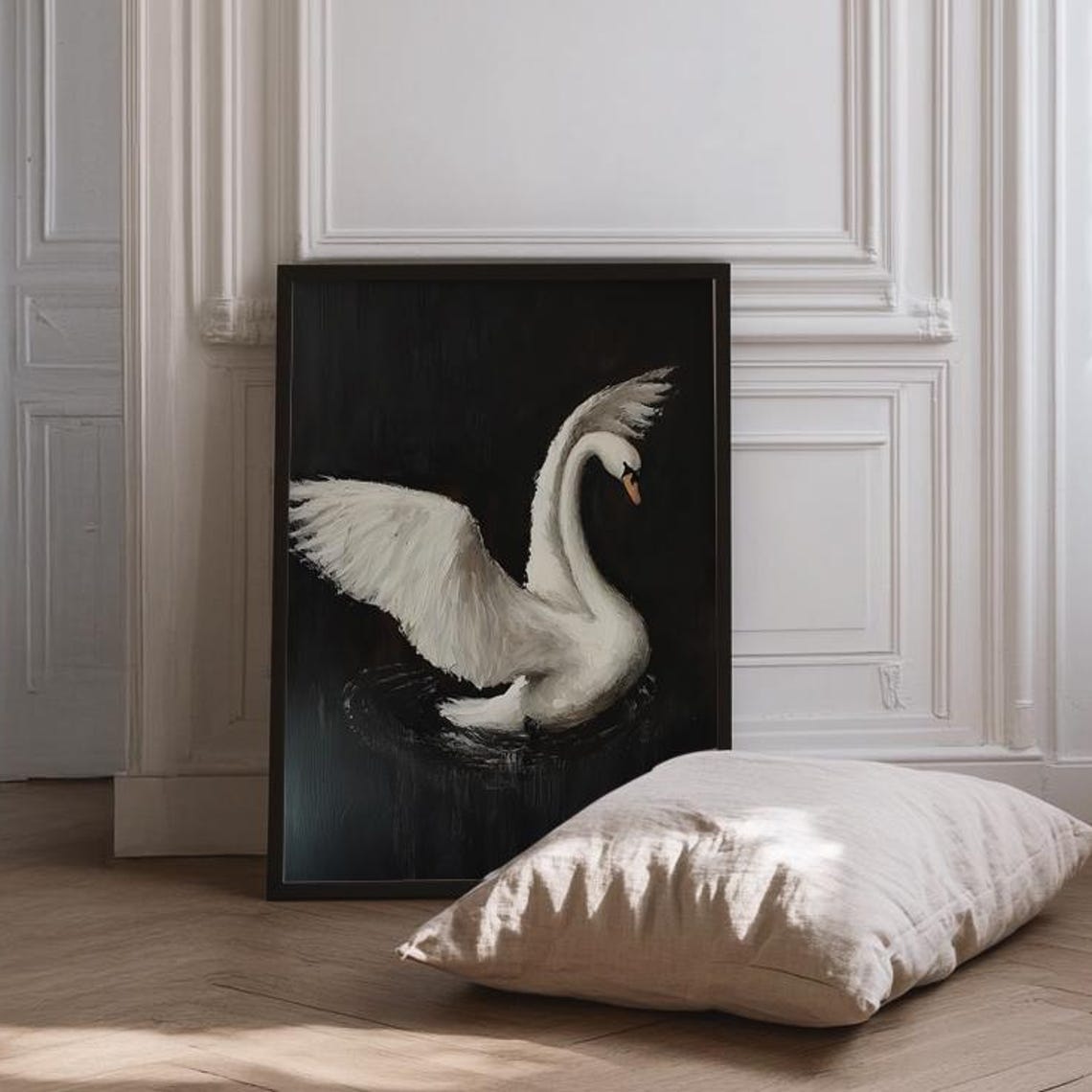 White Swan with Elegantly Spread Wings on a Black Background Poster