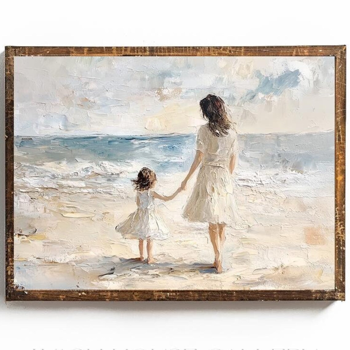 Mother and Daughter Walking Together on the Beach Impasto Oil Poster