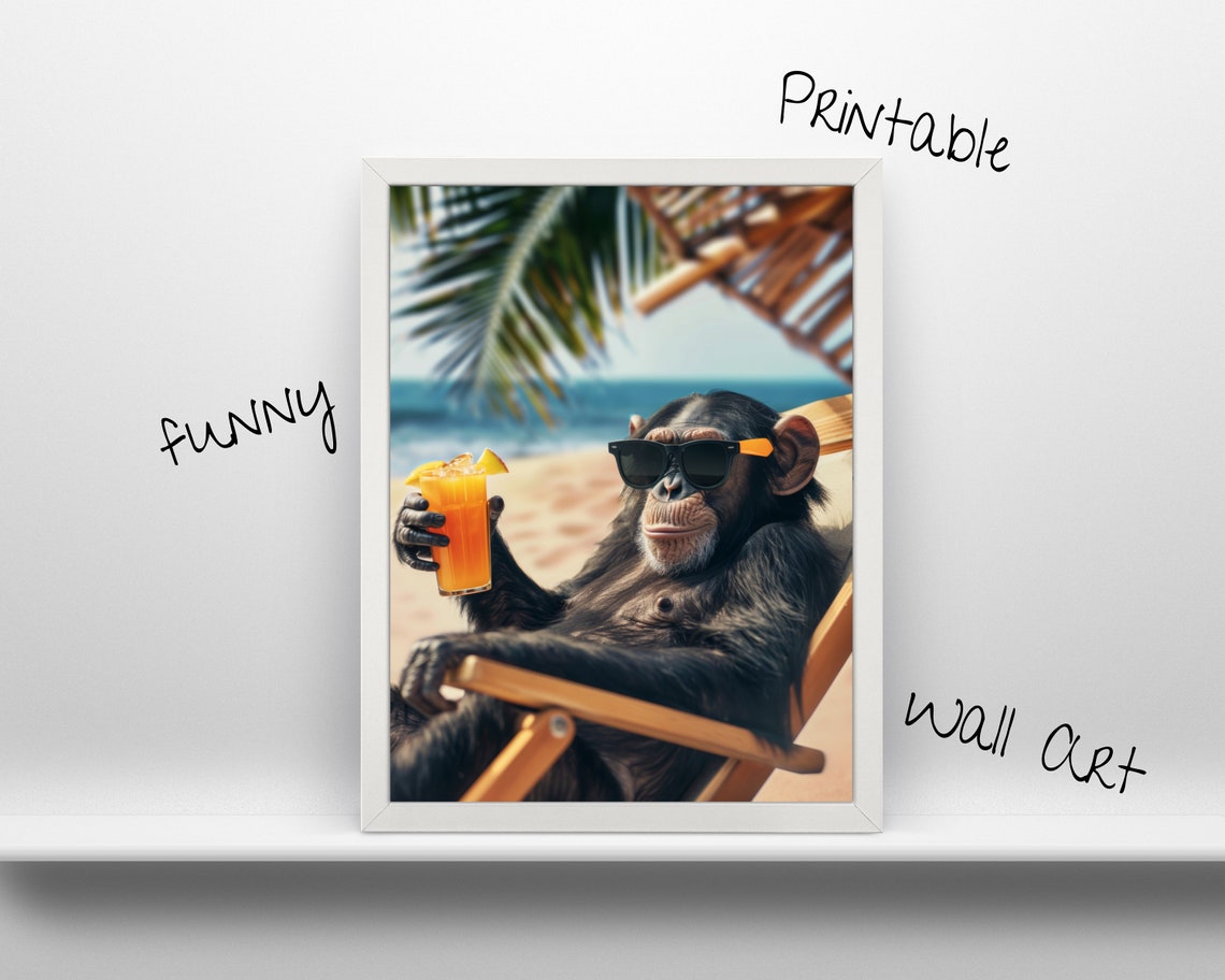 Hot Summer Monkey On The Beach Wall Art L Funny Animal Design Room Decoration Fun Ocean Sea Home Decor File