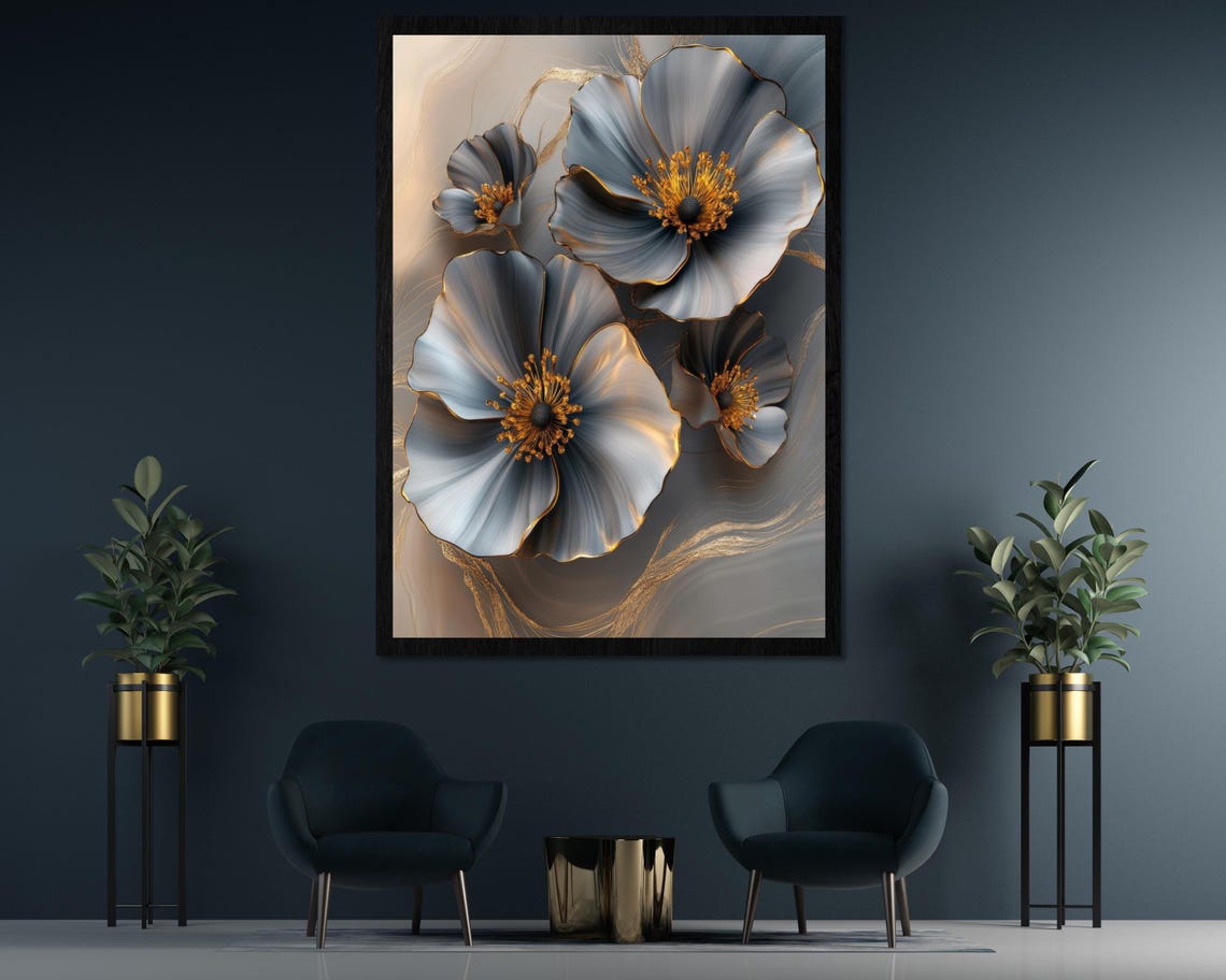 Luxury Grey Flowers With Golden Centers Elegant Floral Poster