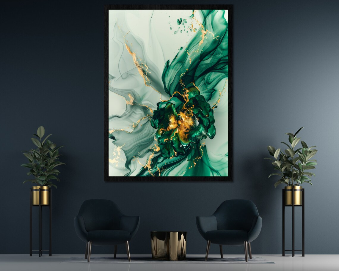 Emerald Green Gold White Abstract Ink Swirl Luxury Modern Art Poster