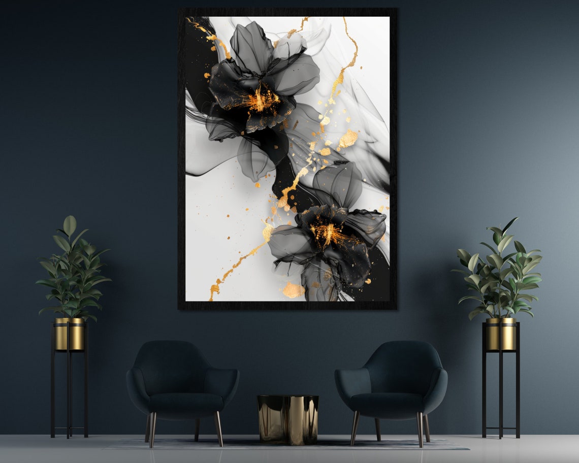Elegant Black Flower Fluid Ink Abstract Art With Gold Splash Poster