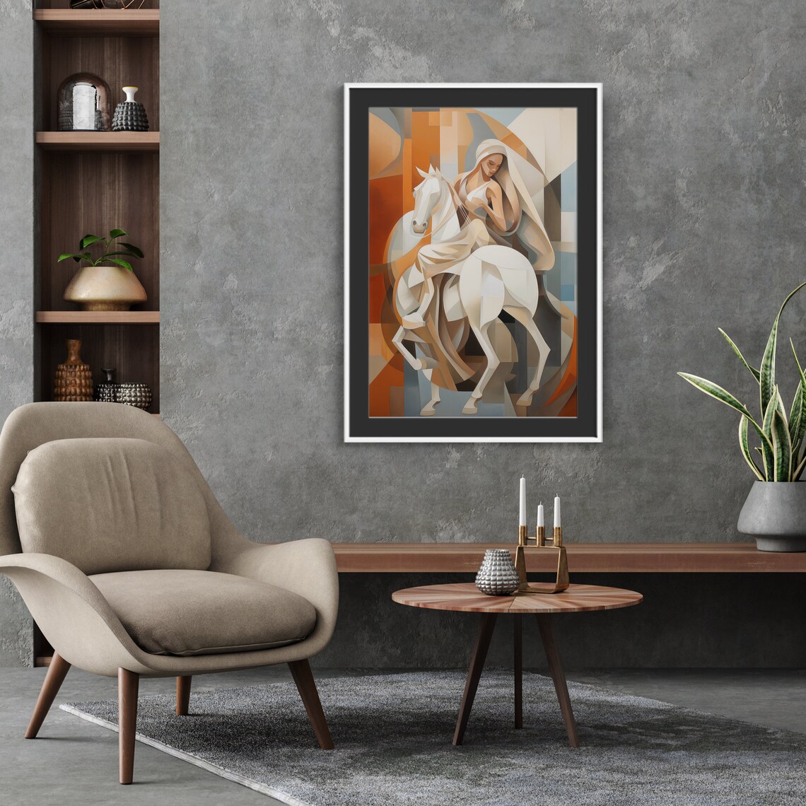 Woman Embracing White Horse Cubist Style Warm Earth Tones Poster - Image 2