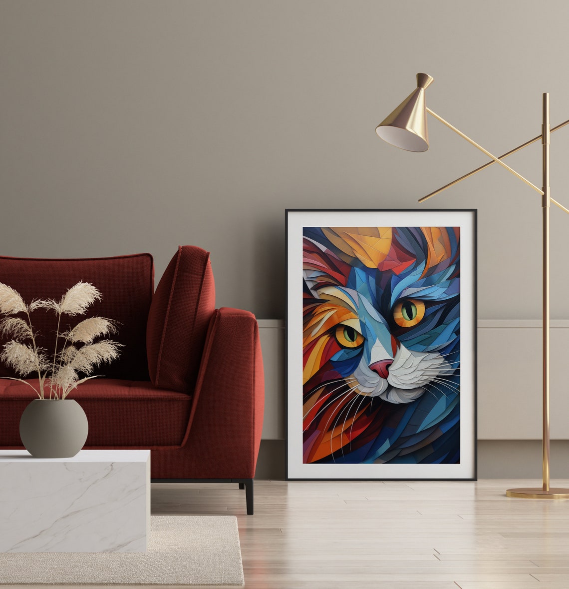 Geometric Patchwork Cat Face Close Up in Bright Blue Art Poster - Image 3