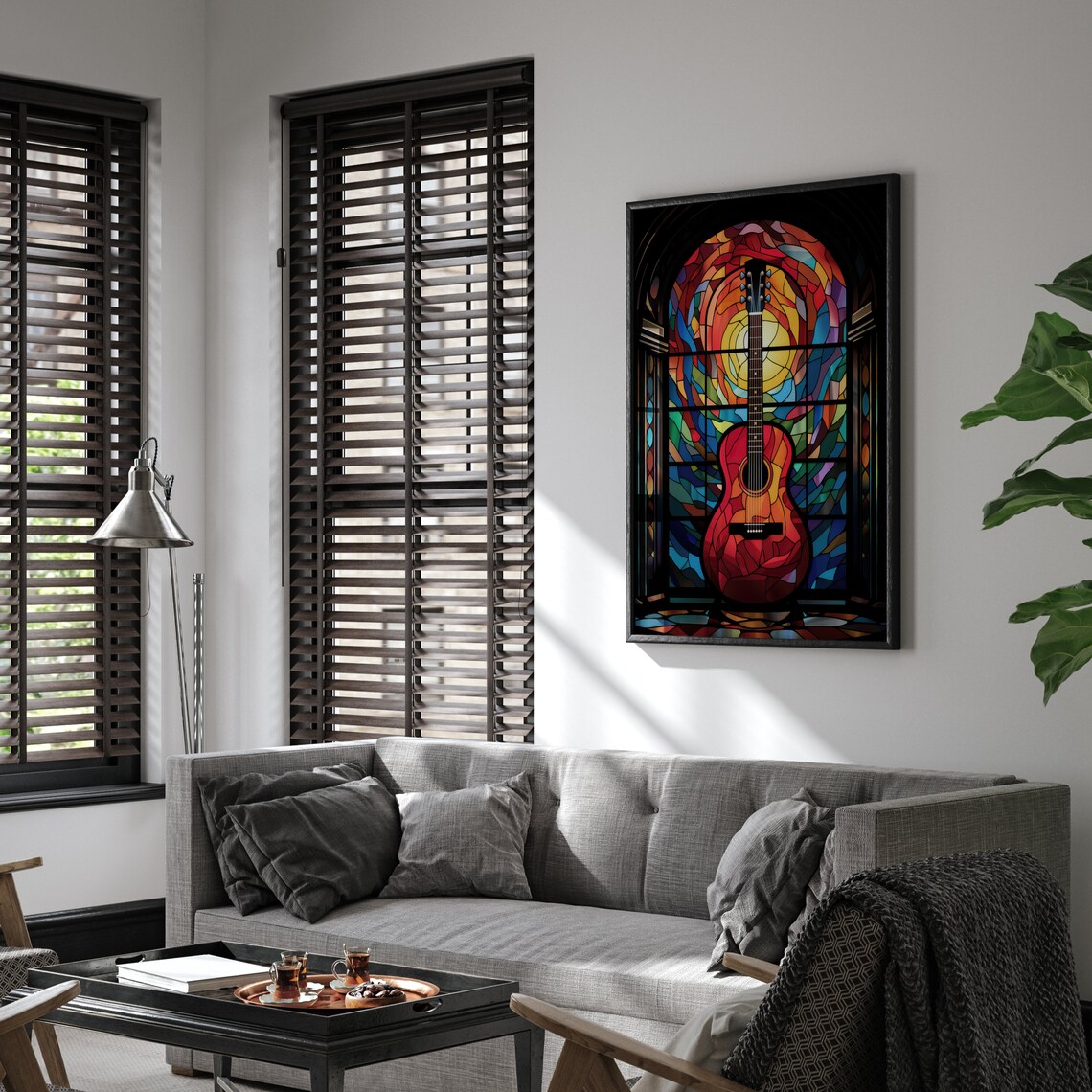 Stained Glass Acoustic Guitar Before Cathedral Window Art Poster - Image 4