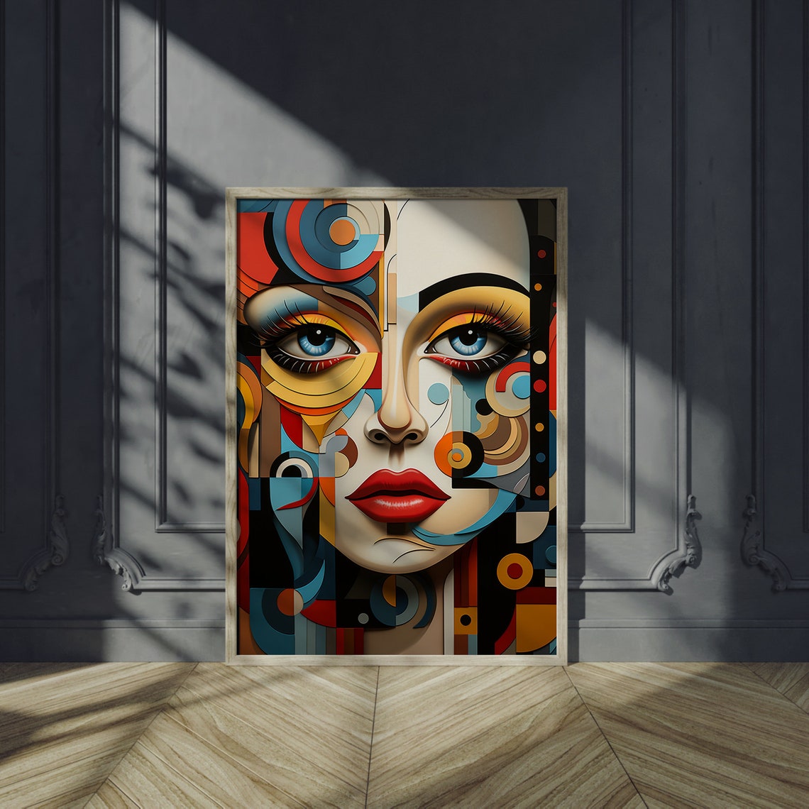 Colorful Cubist Woman Portrait with Blue Eyes and Red Lips Poster - Image 2