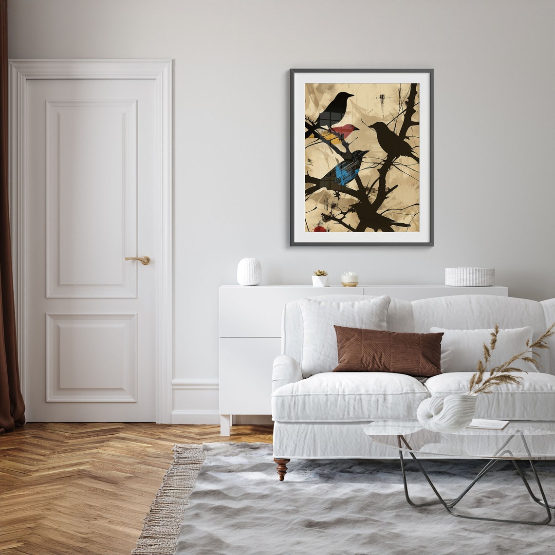 Black Bird Silhouettes on Bare Branches Minimalist Art Poster - Image 5