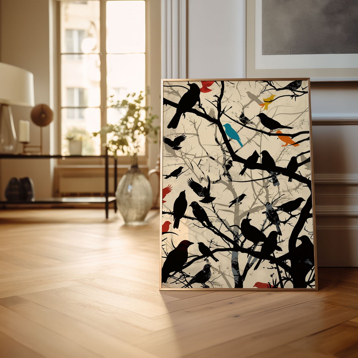 Flock of Black Birds on Bare Branches Silhouette Artwork Poster - Image 4