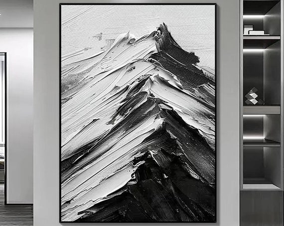 Abstract Snowy Mountains Oil Art Black White Acrylic Painting Modern Heavy Texture Home Wall Decor Personalized Winter Gift
