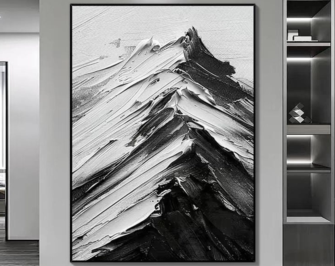 Abstract Snowy Mountains Oil Art Black White Acrylic Painting Modern Heavy Texture Home Wall Decor Personalized Winter Gift