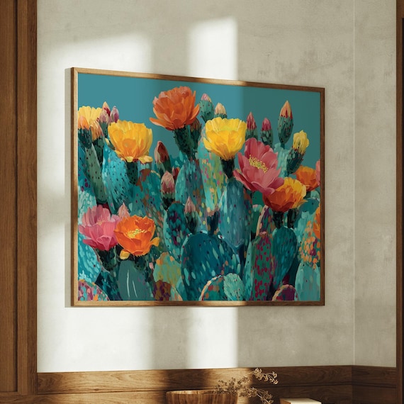 Colorful Desert Cactus Bloom Prickly Pear Flower Vibrant Art Poster
