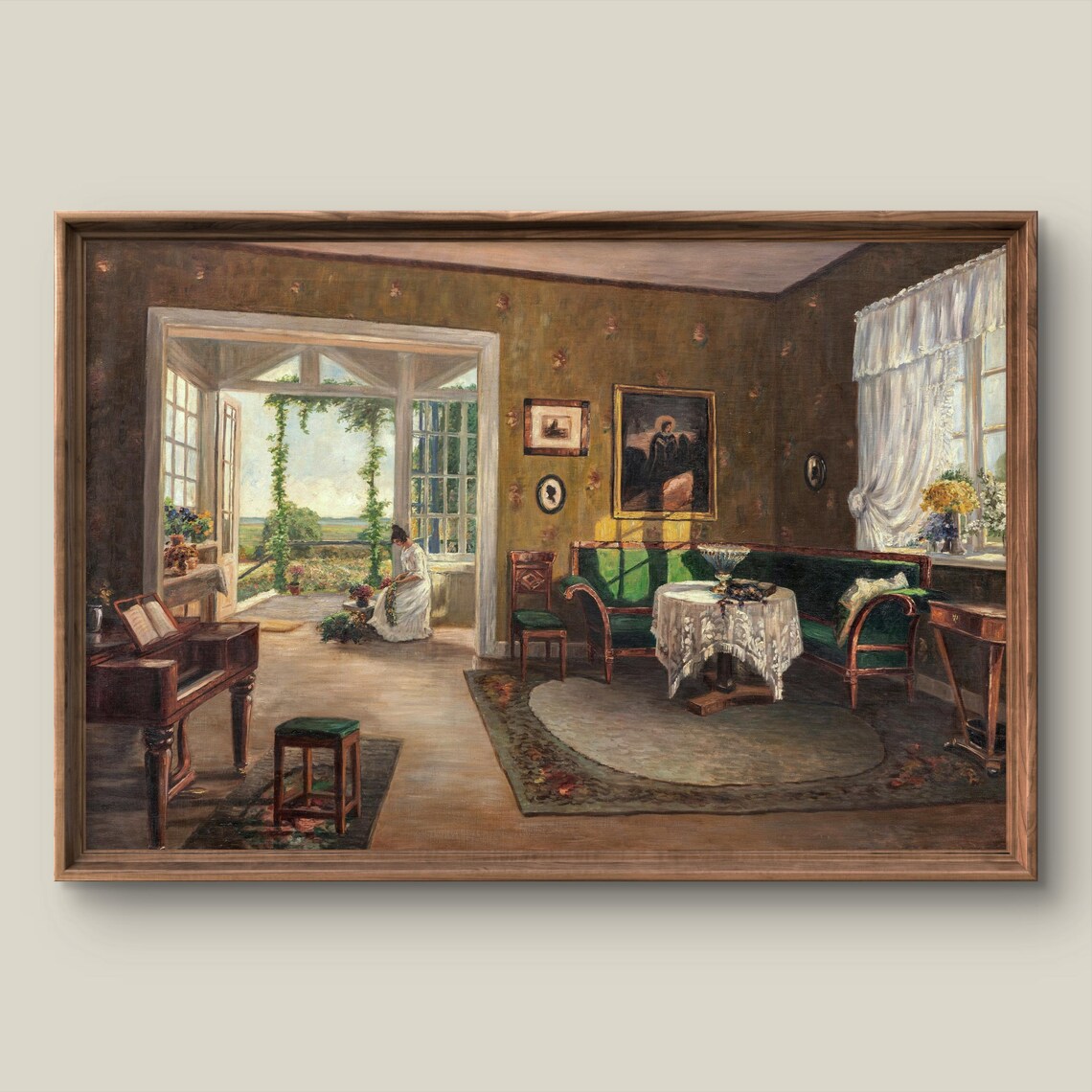 Vintage Interior Room Painting With Piano And Garden View Poster