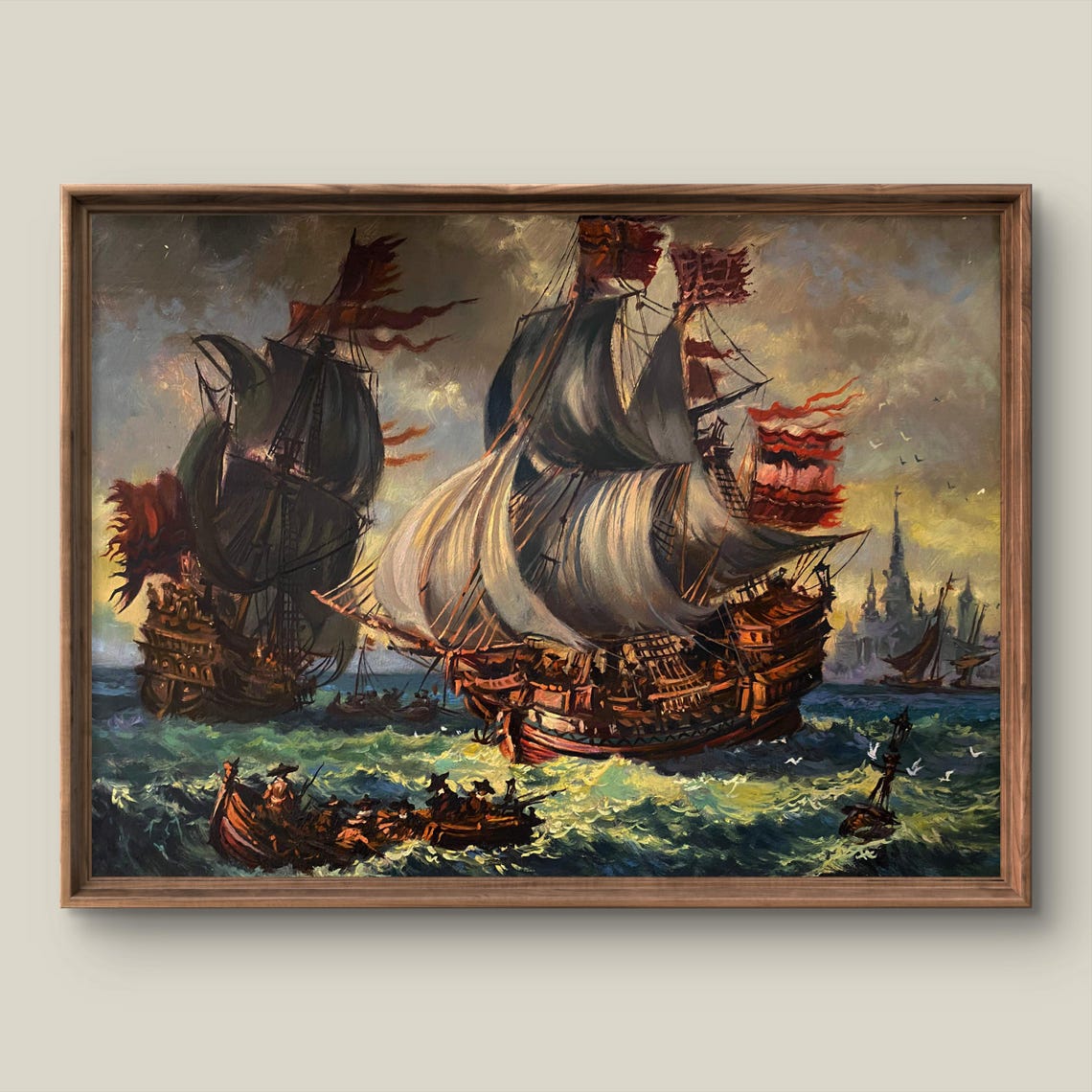 Vintage Galleons Sea Battle Red Flags Dramatic Dusk Oil Painting Print