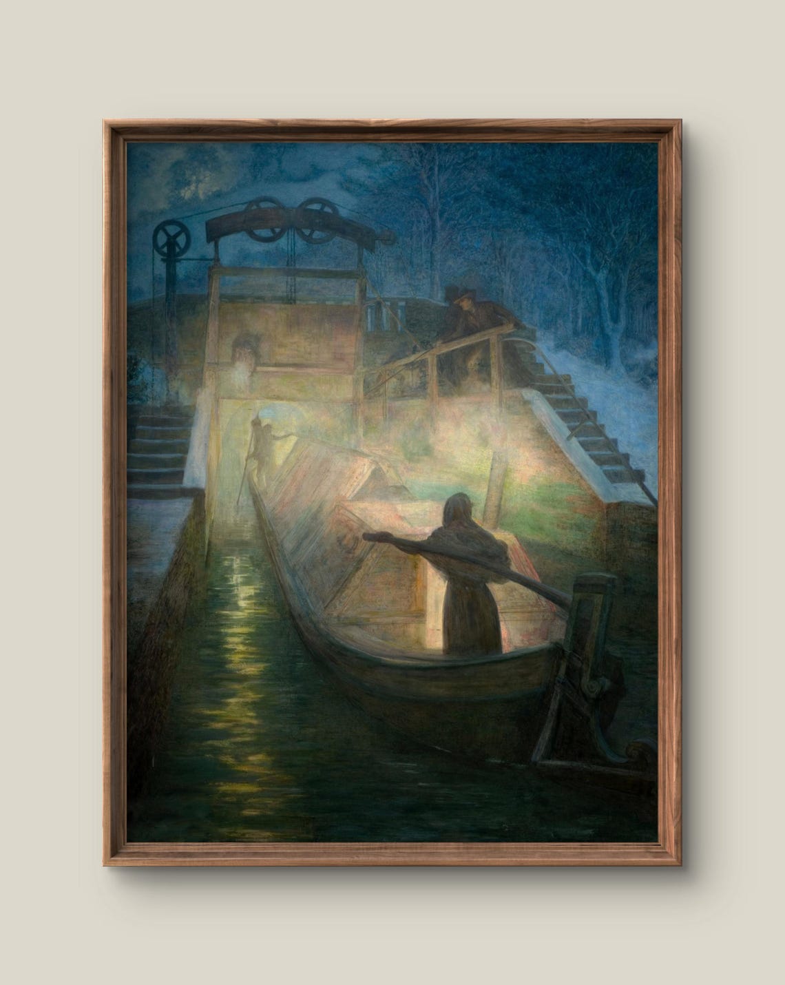 Moonlit Canal Lock with Boat Antique Night Painting Art Print