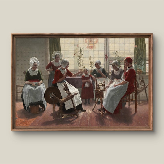 Vintage Interior Painting Of Dutch Women Spinning By The Window Poster