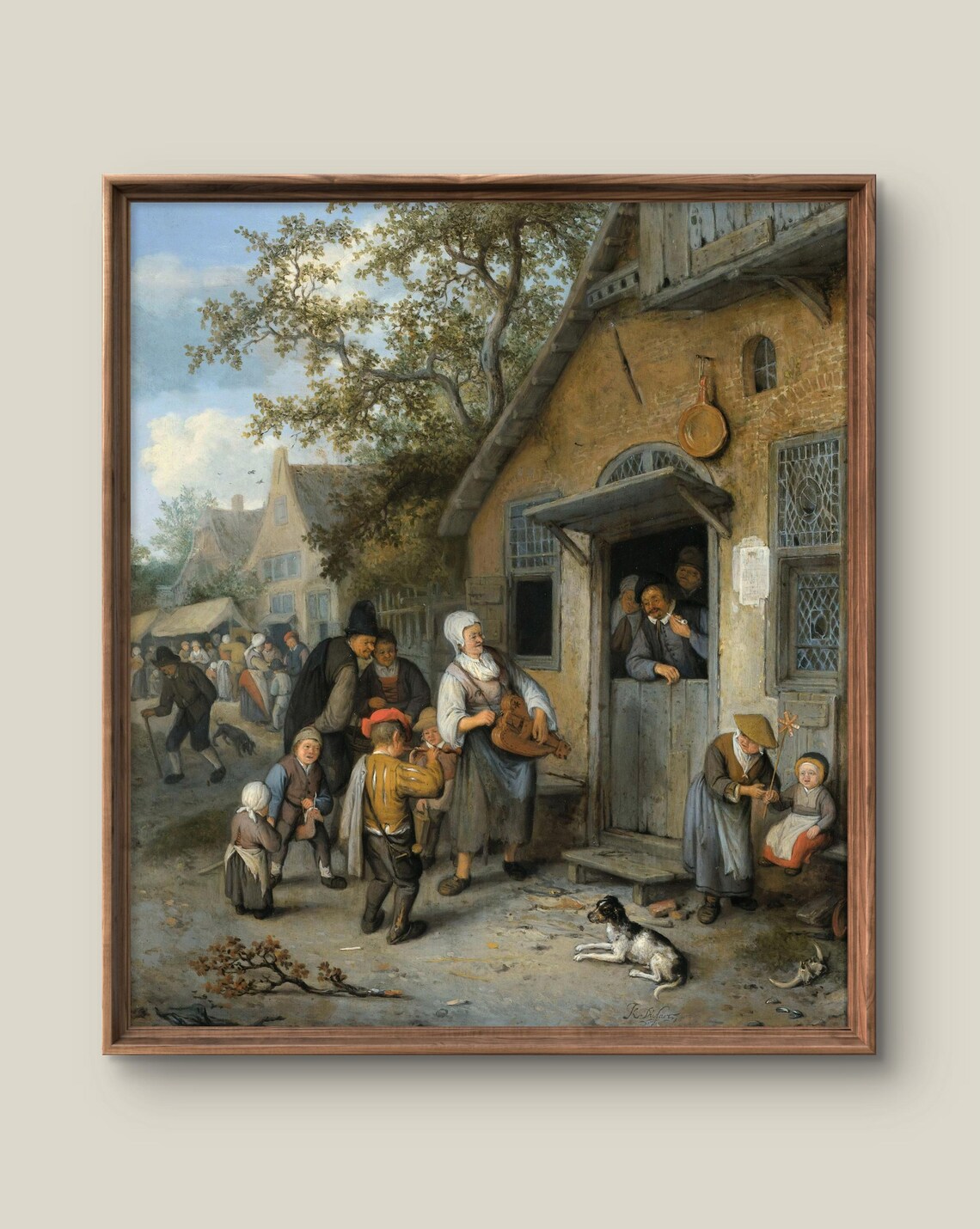 Dutch Village Inn Scene with Musicians Antique Oil Painting Print