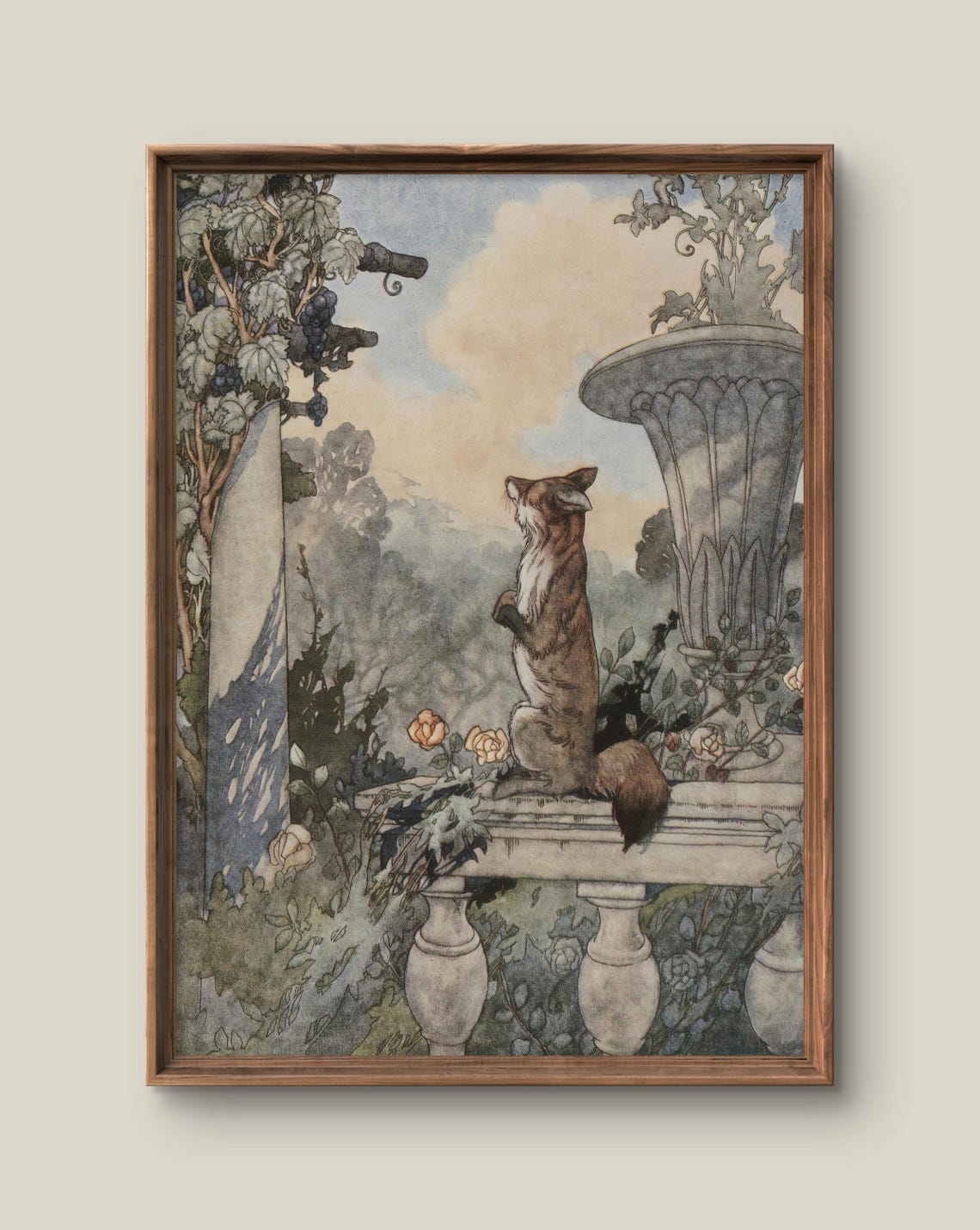 Garden Fox Under Grapevine Antique Storybook Illustration Print