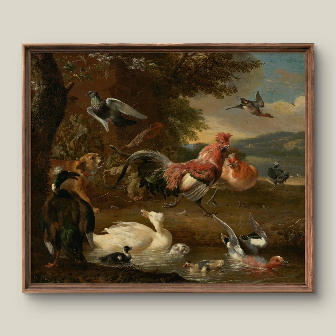 Vintage Barnyard Birds Rooster Dog Duck Classic Oil Painting Poster