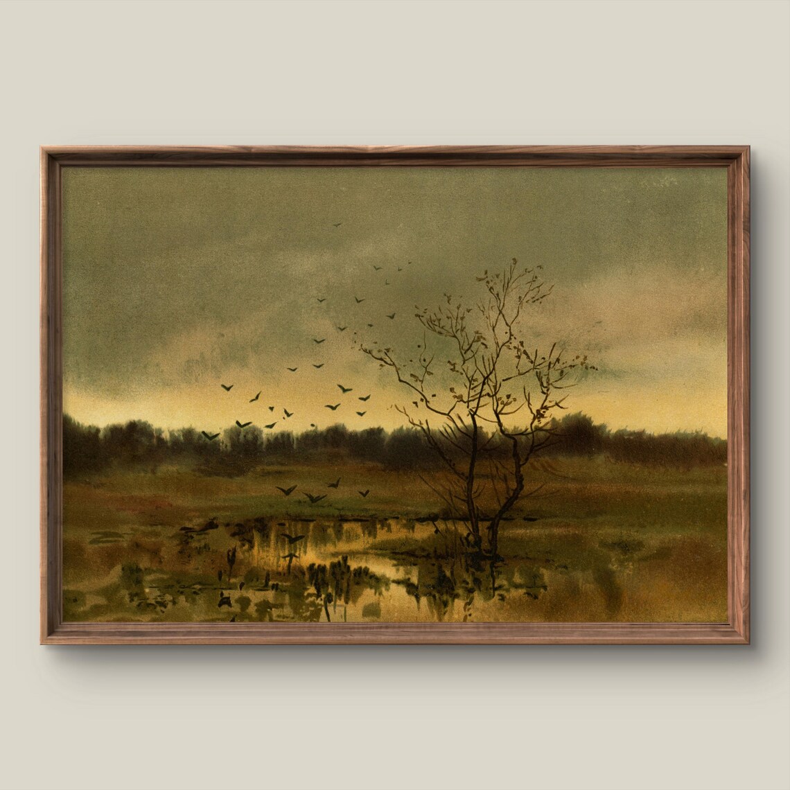 Vintage Autumn Marsh Birds Flying At Dusk Landscape Painting Poster