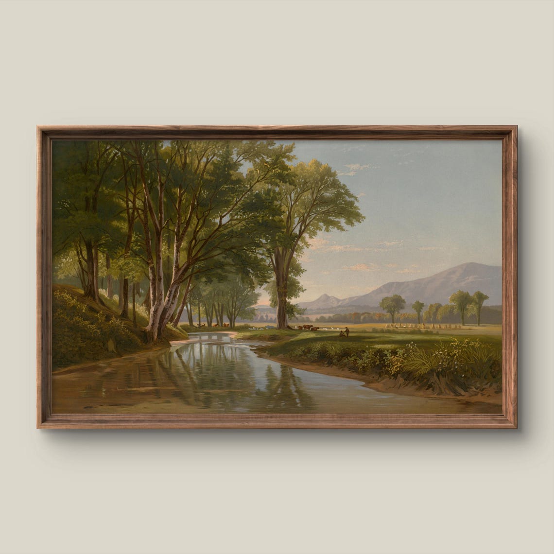 Tranquil River Bend with Tall Trees and Distant Mountains Poster