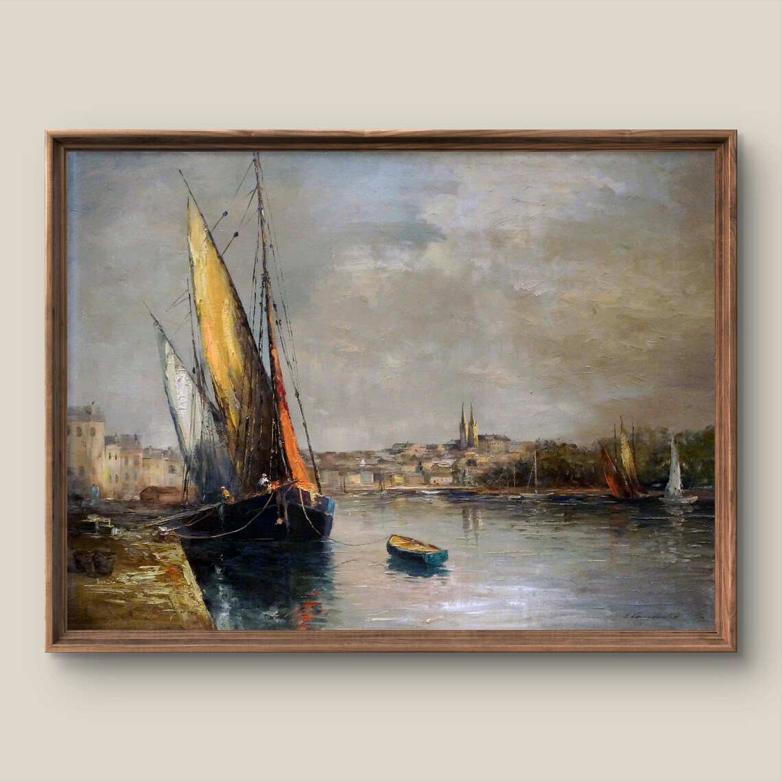 Sailboats In Harbor Town Church Spires Vintage Marine Art Poster