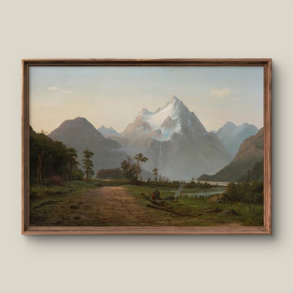 Vintage Mountain Landscape Art Print Rustic Wall Decor Antique Painting Summer Instant