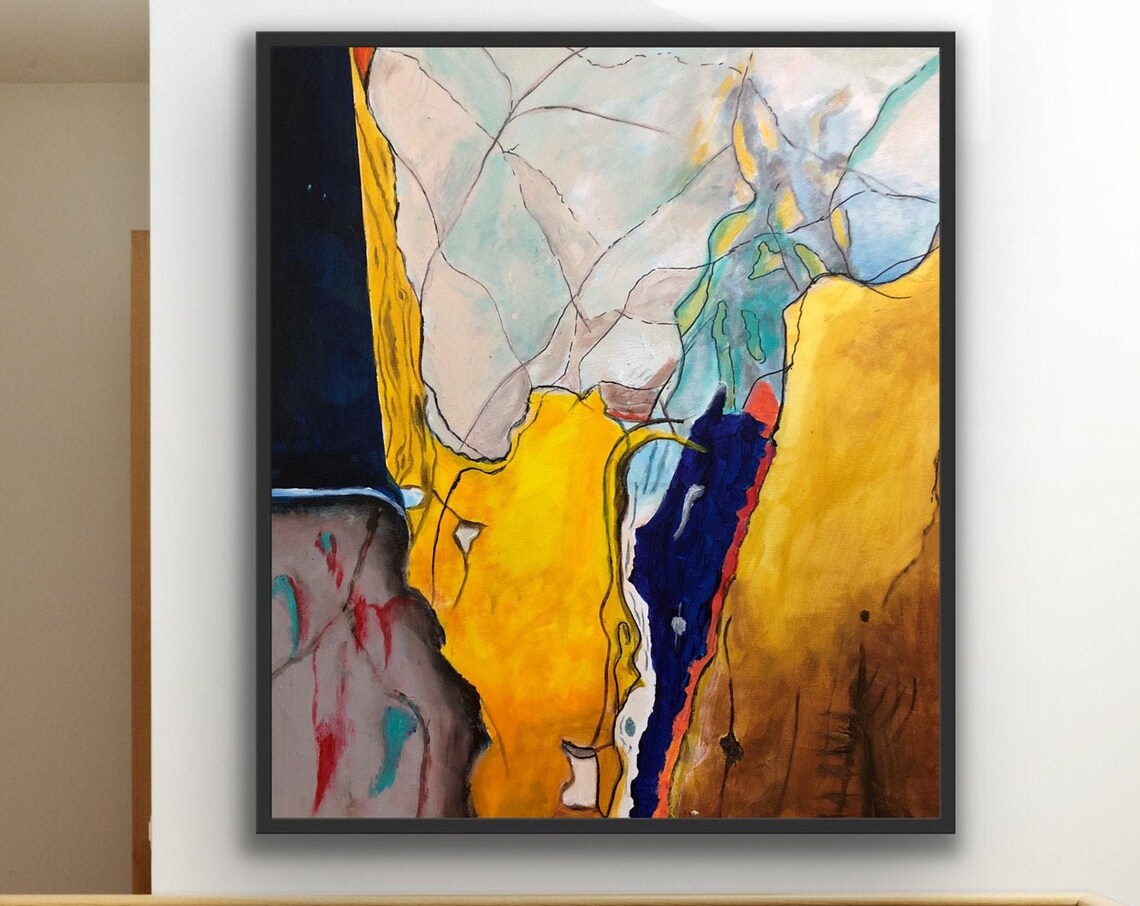 Bold Gold and Navy Fissured Abstract Painting Modern Art Poster - Image 4