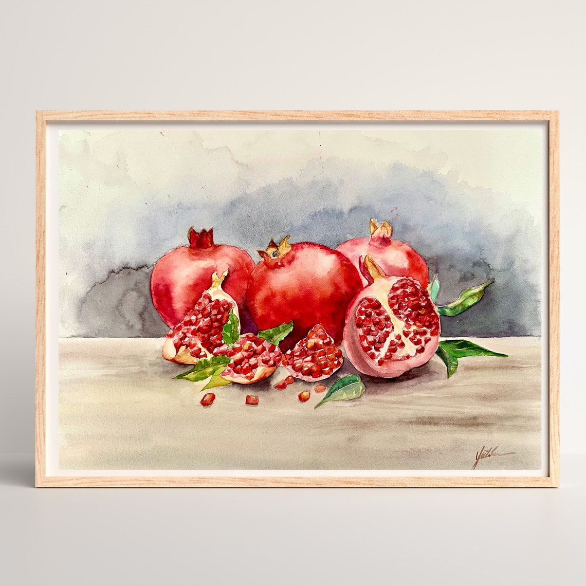 Pomegranates and Cut Fruit Seeds Rustic Watercolor Still Life Poster - Image 5