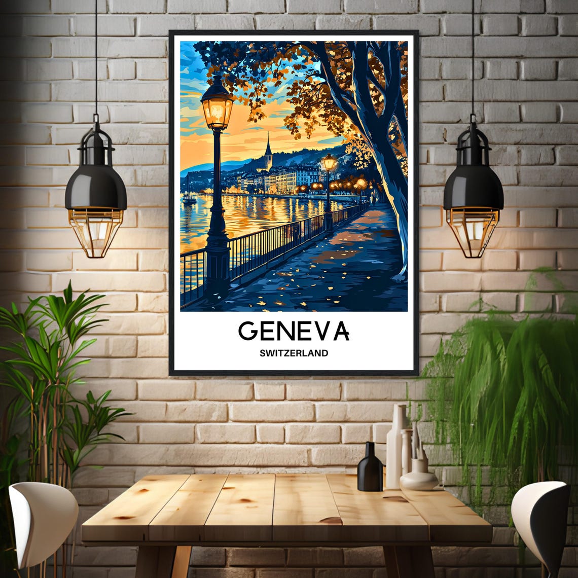 Geneva Switzerland Lakeside Promenade Night Lamps Travel Poster - Image 3