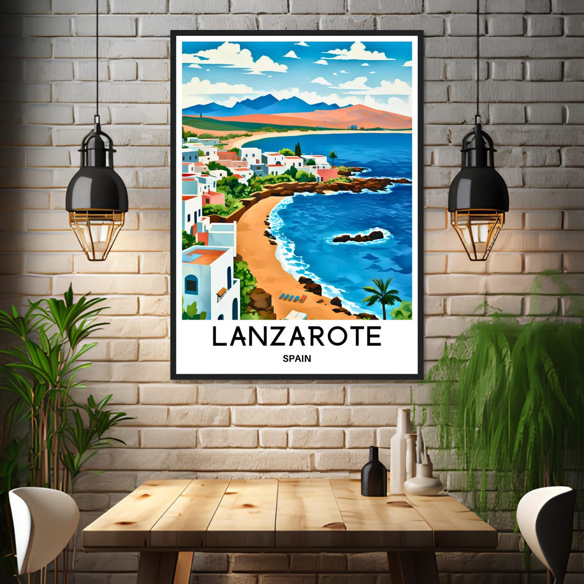 Lanzarote Spain Whitewashed Coastal Town Golden Beach Sea Poster - Image 3