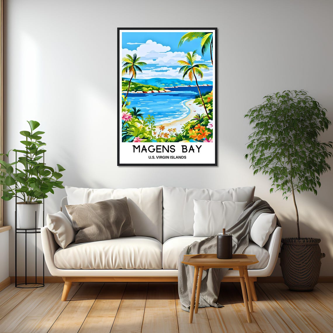 Magens Bay Tropical Beach with Palms and Bright Flowers Poster - Image 2