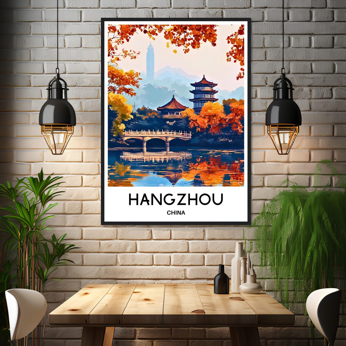 Hangzhou China Autumn Lake Pagoda Illustrated Vintage Travel Poster - Image 3