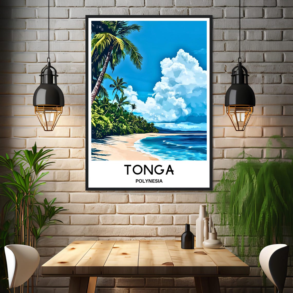 Tonga Polynesia Tropical Beach Palm Trees Illustration Poster - Image 3