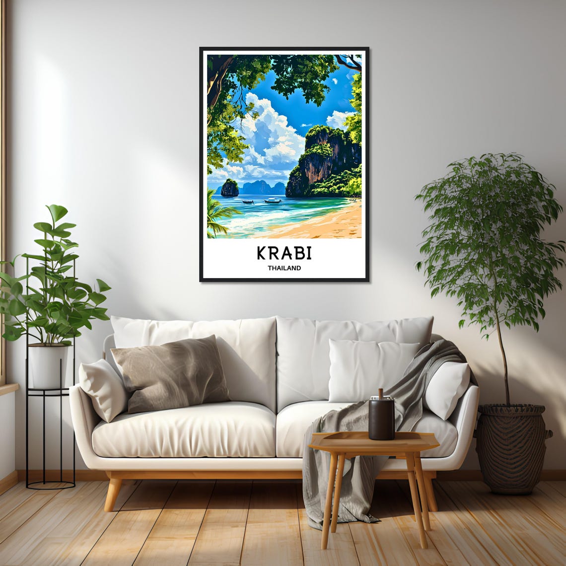 Krabi Thailand Limestone Cliffs And Longtail Boats Beach Poster - Image 2