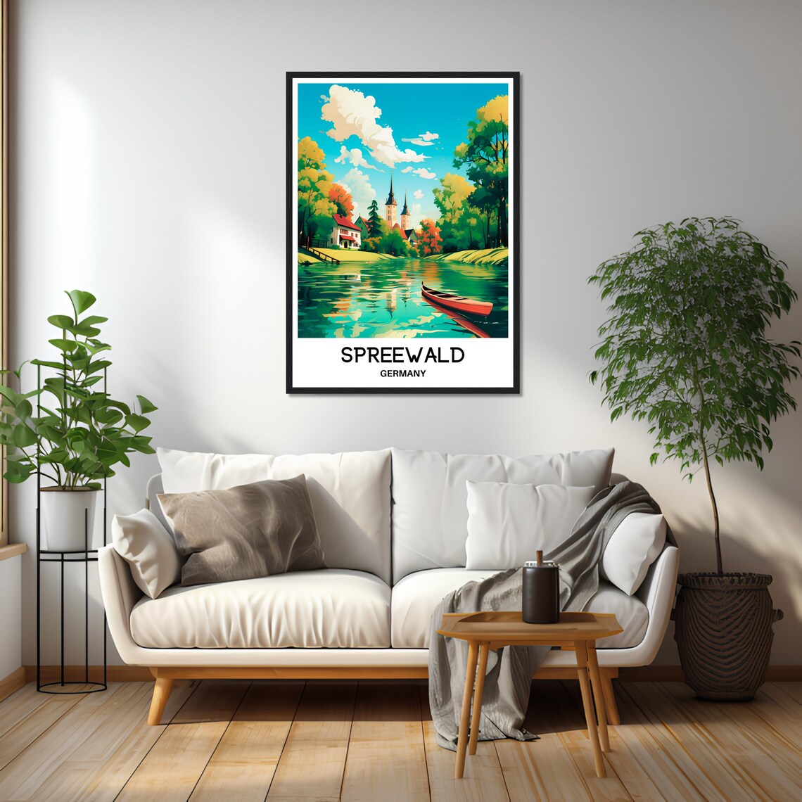 Spreewald Germany Riverside Church and Red Canoe Travel Poster - Image 2