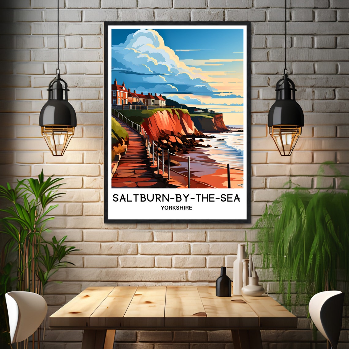 Saltburn By The Sea Yorkshire Red Cliffs Beach Steps Sunset Poster - Image 3
