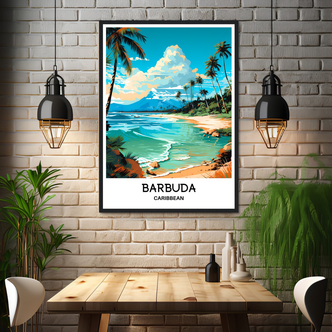 Barbuda Caribbean Palm Beach Volcano Tropical Island Travel Poster - Image 3