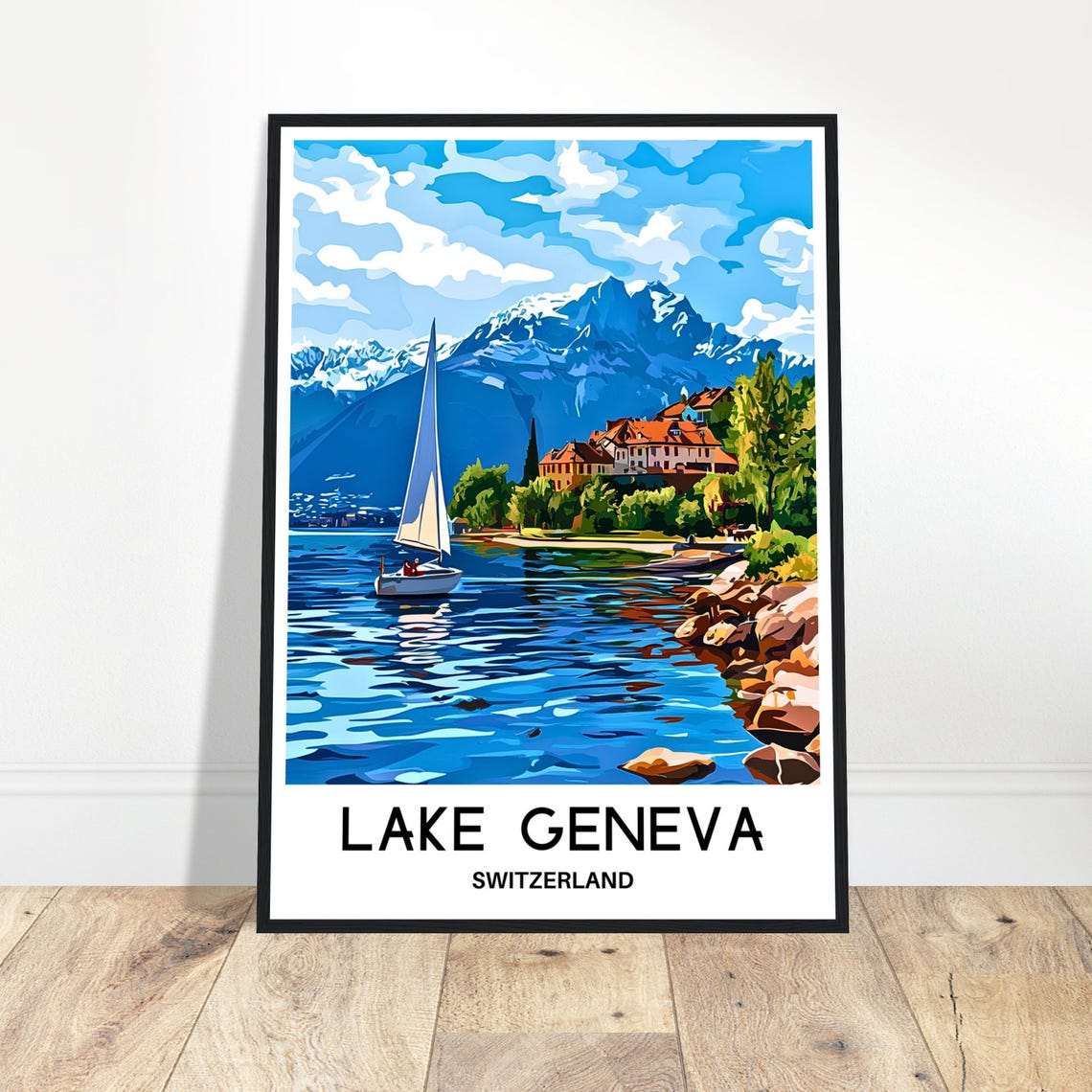 Lake Geneva Sailboat Swiss Alps Shoreside Village Travel Poster