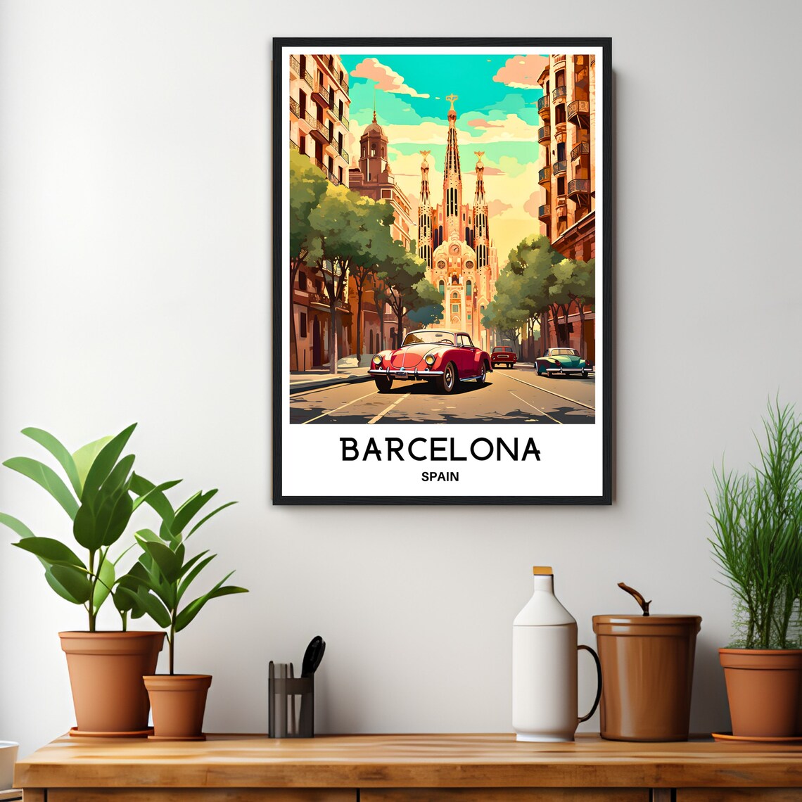 Barcelona Spain Sagrada Familia Classic Red Car Street Travel Poster - Image 3