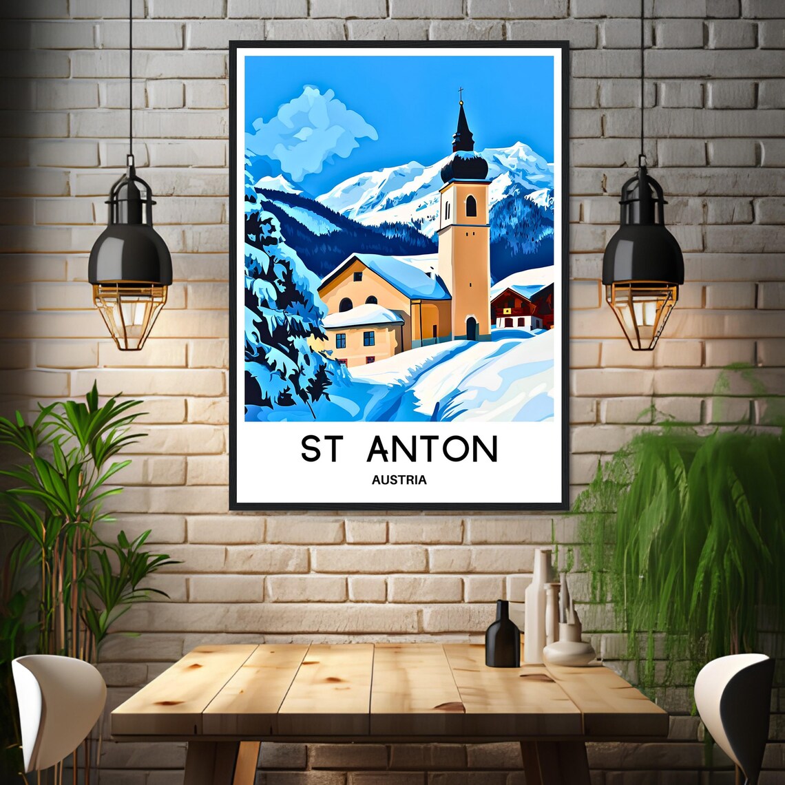 St Anton Austria Winter Snow Village Church Ski Travel Poster - Image 3