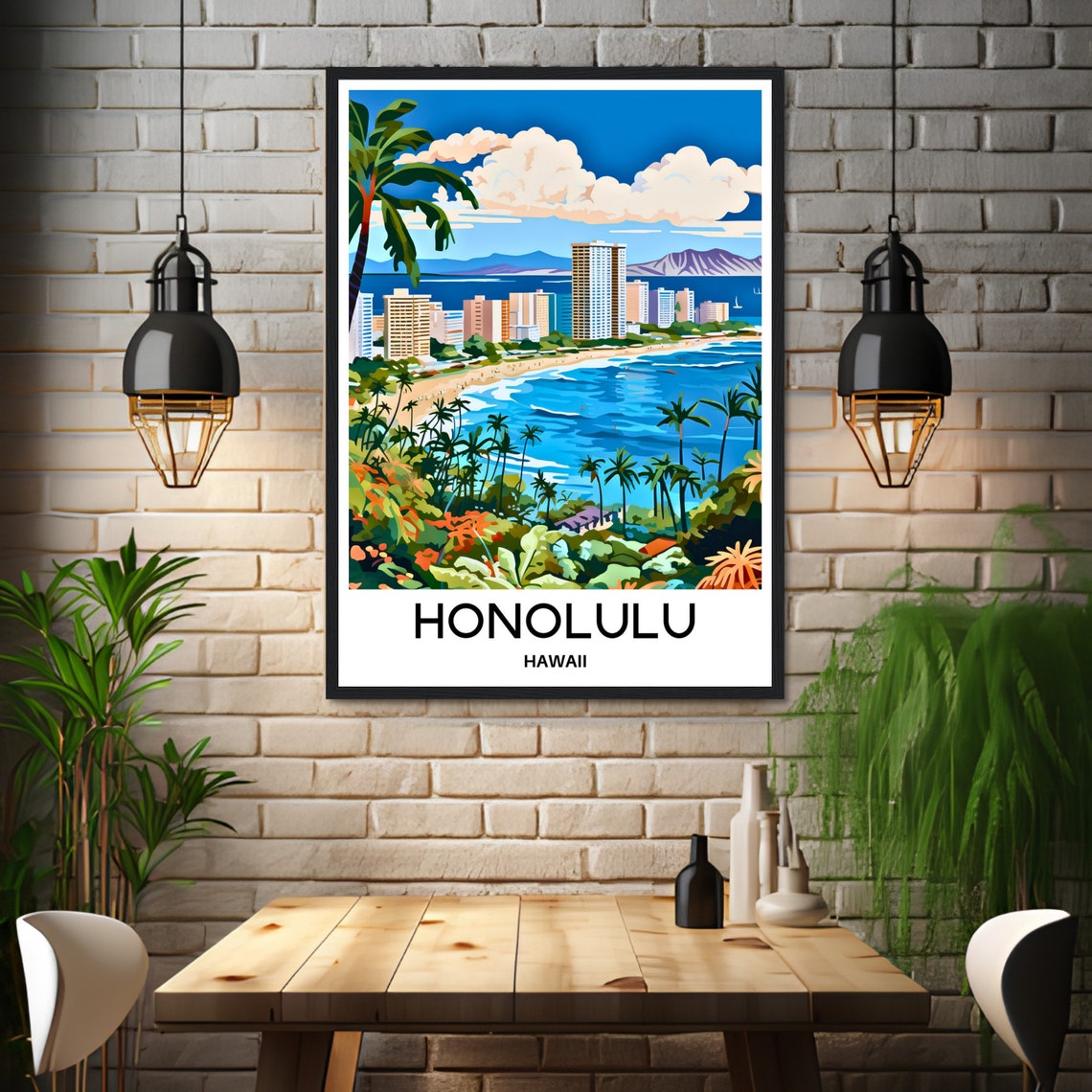 Honolulu Hawaii Waikiki Beach City Skyline Ocean Travel Poster - Image 3