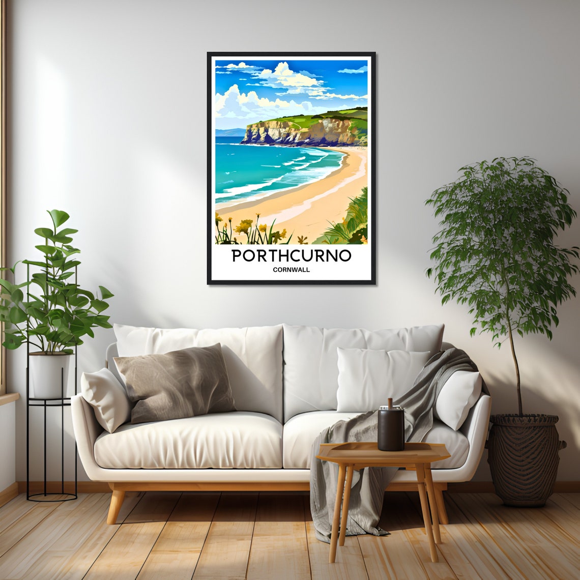 Porthcurno Cornwall Beach Cliffs Turquoise Sea Travel Poster - Image 2