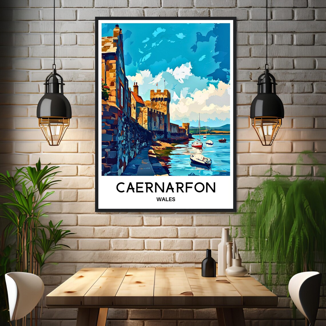 Caernarfon Wales Castle Harbor Sailing Boats Sunset View Poster - Image 3