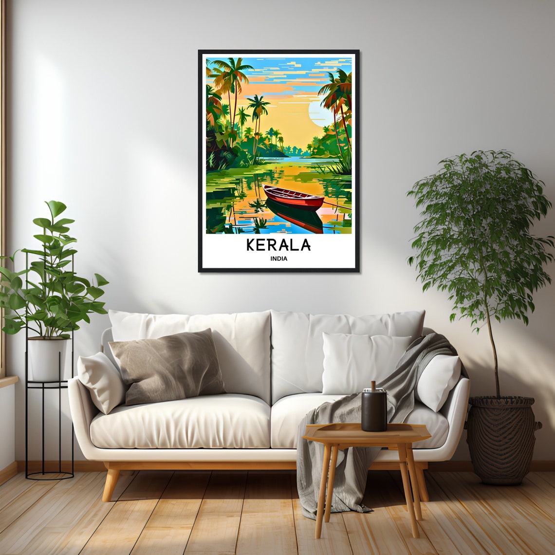 Kerala India Palm Backwaters Boat Sunset Illustration Travel Poster - Image 3