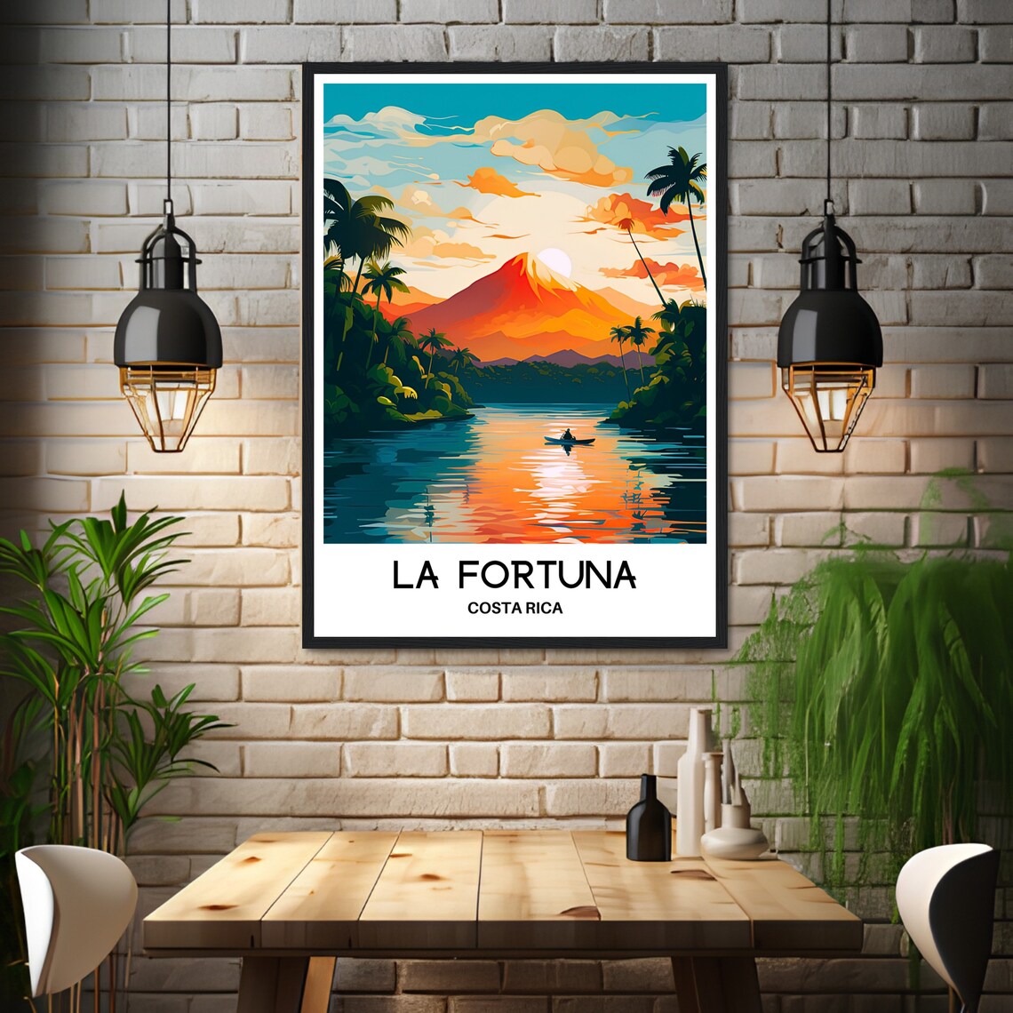 La Fortuna Costa Rica Volcano Sunset Lake Canoe Travel Poster - Image 3