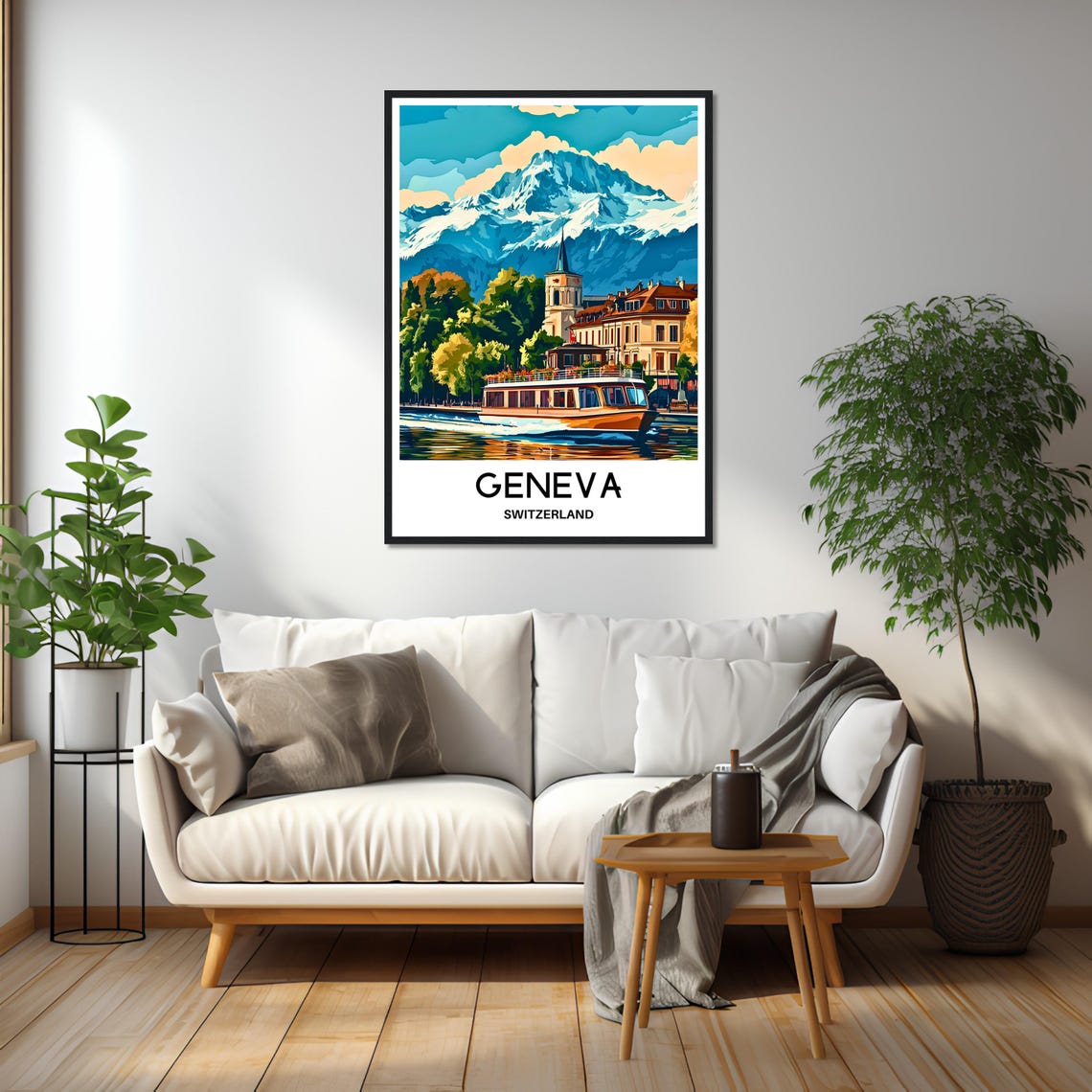 Geneva Switzerland Lake Boat Snowy Alpine Mountain Travel Poster - Image 2