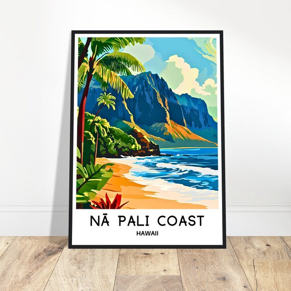 Nā Pali Coast Hawaii Travel Poster with Palm Trees and Beach