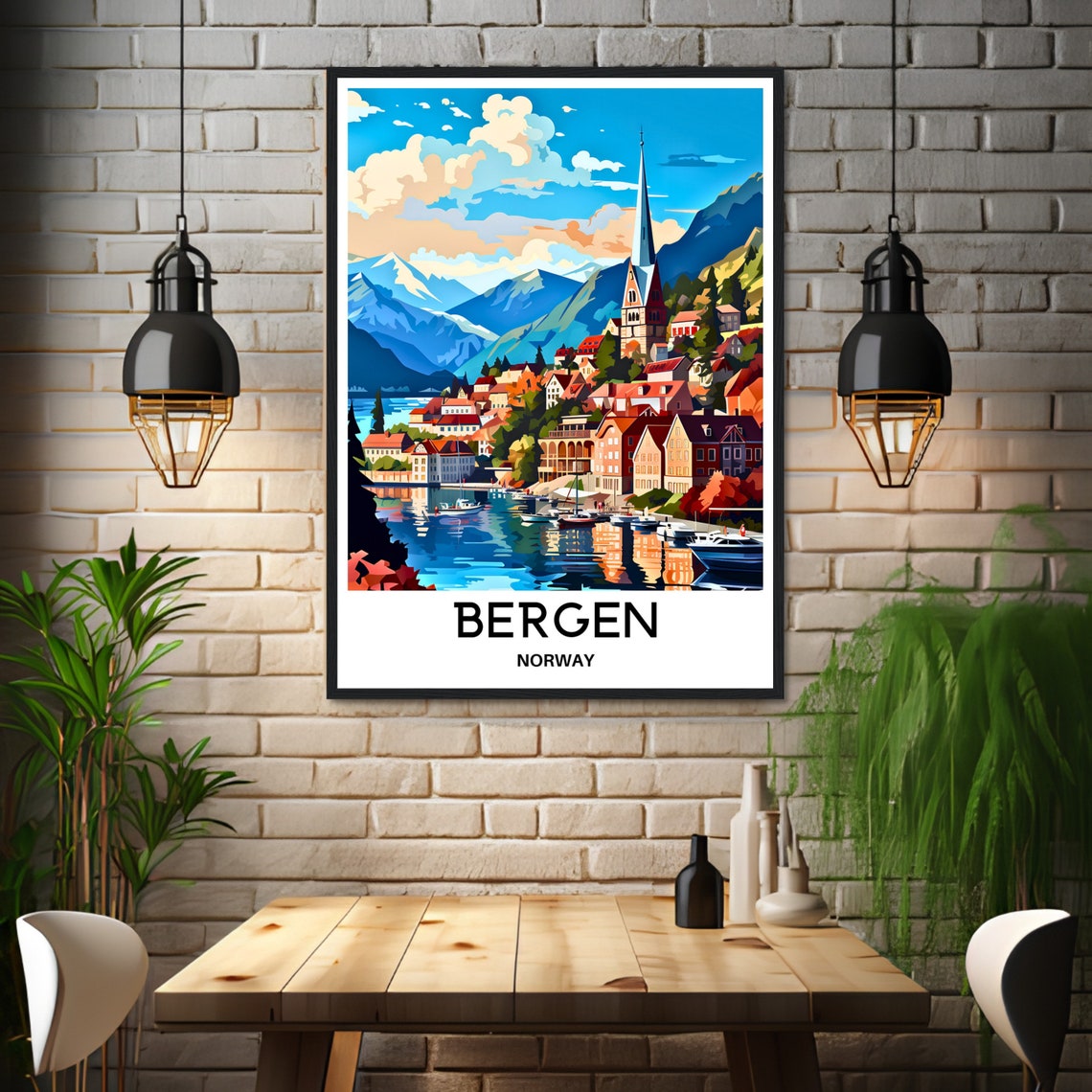 Bergen Norway Harbor Reflections and Mountains Travel Poster - Image 3