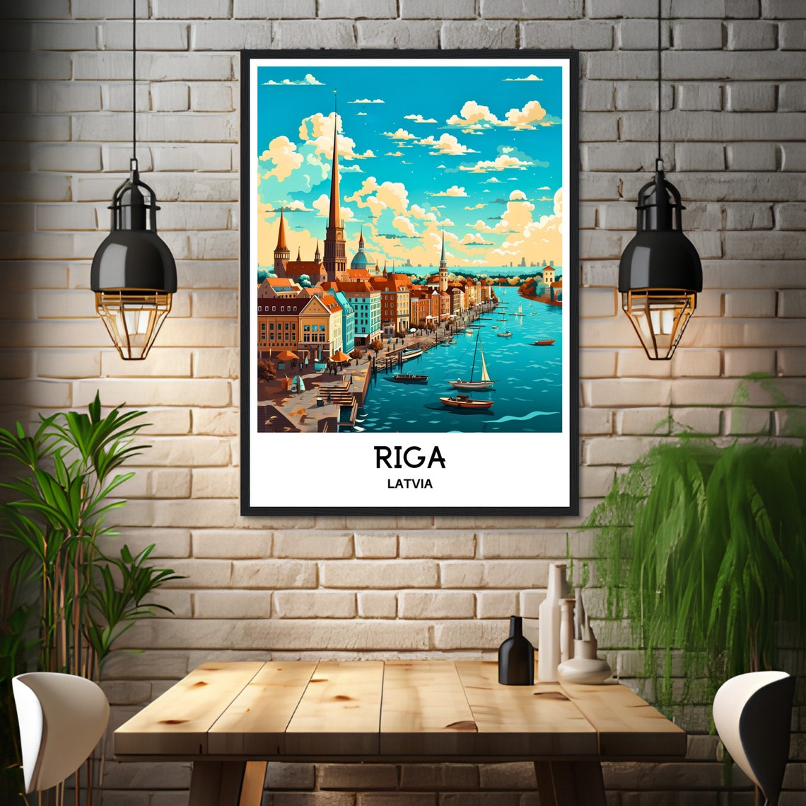 Riga Latvia Old Town Church Spires River Boats Daytime City Poster - Image 3
