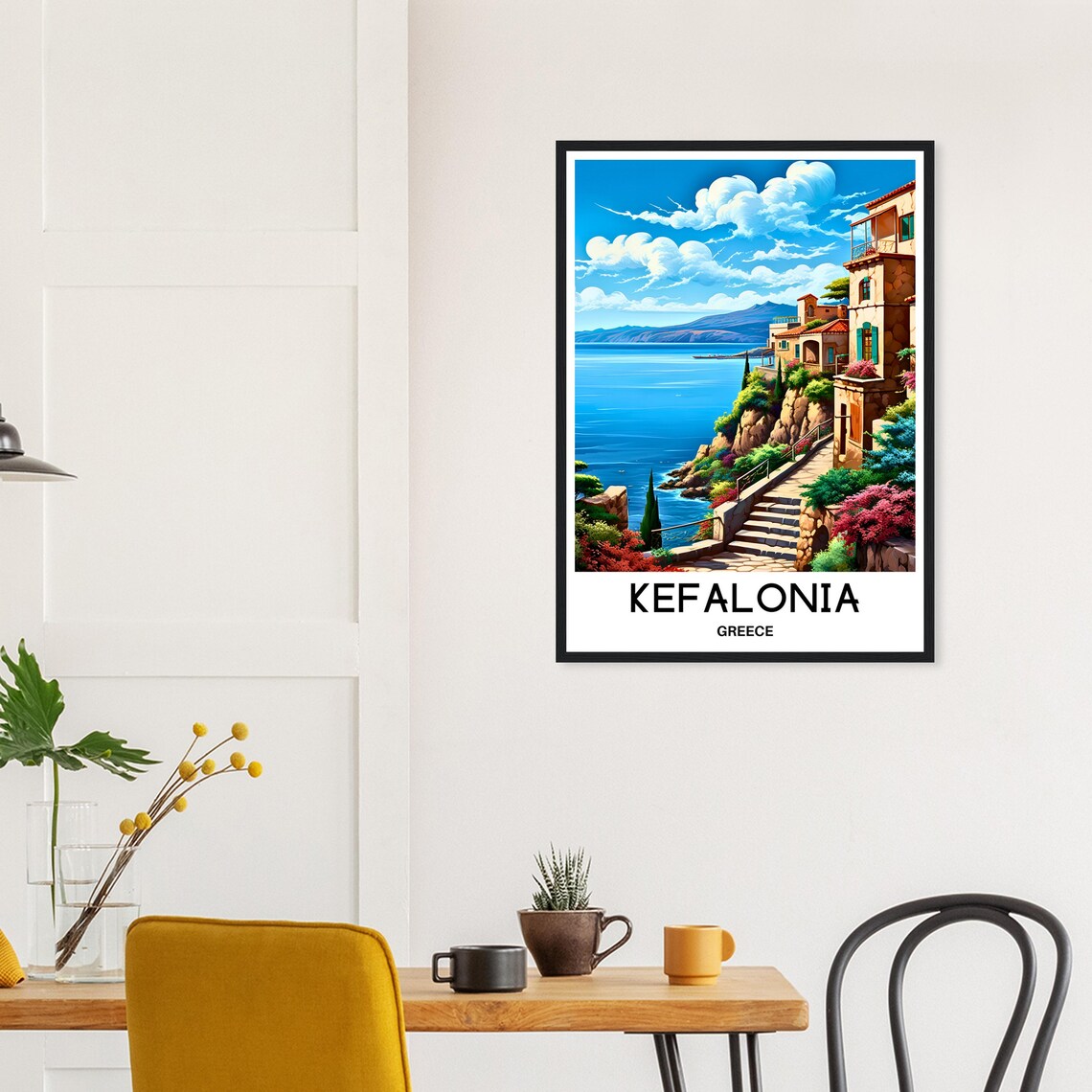 Kefalonia Greece Cliffside Village Steps Over Blue Sea Travel Poster - Image 3